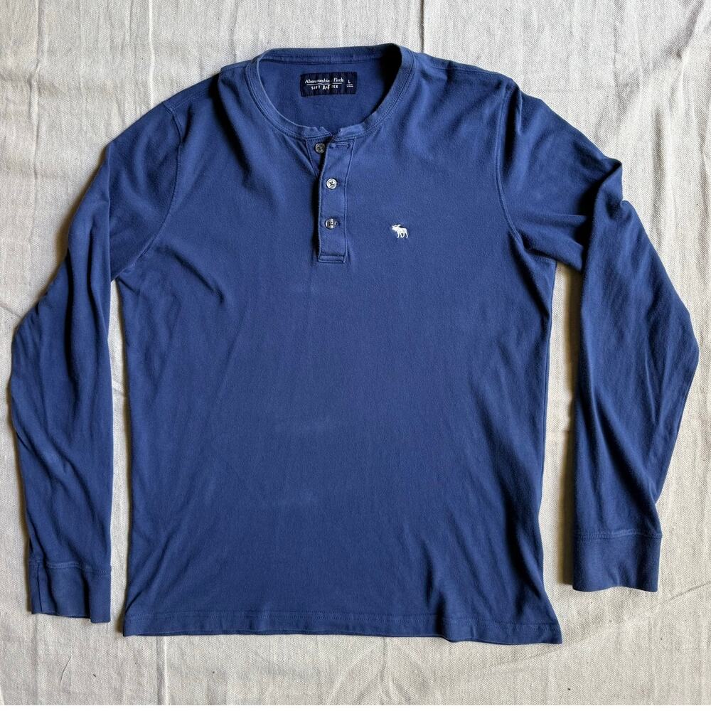 Abercrombie & Fitch Shirt Men's Large Henley Long Sleeve Moose Gymcore Blue Read